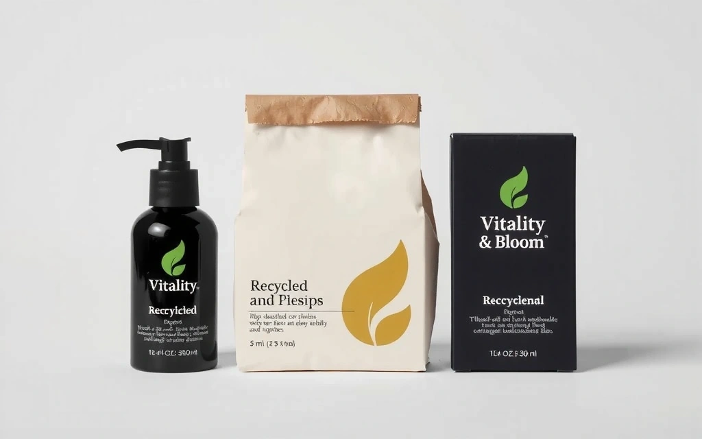 Sustainable product packaging made from recycled materials, with a green leaf design