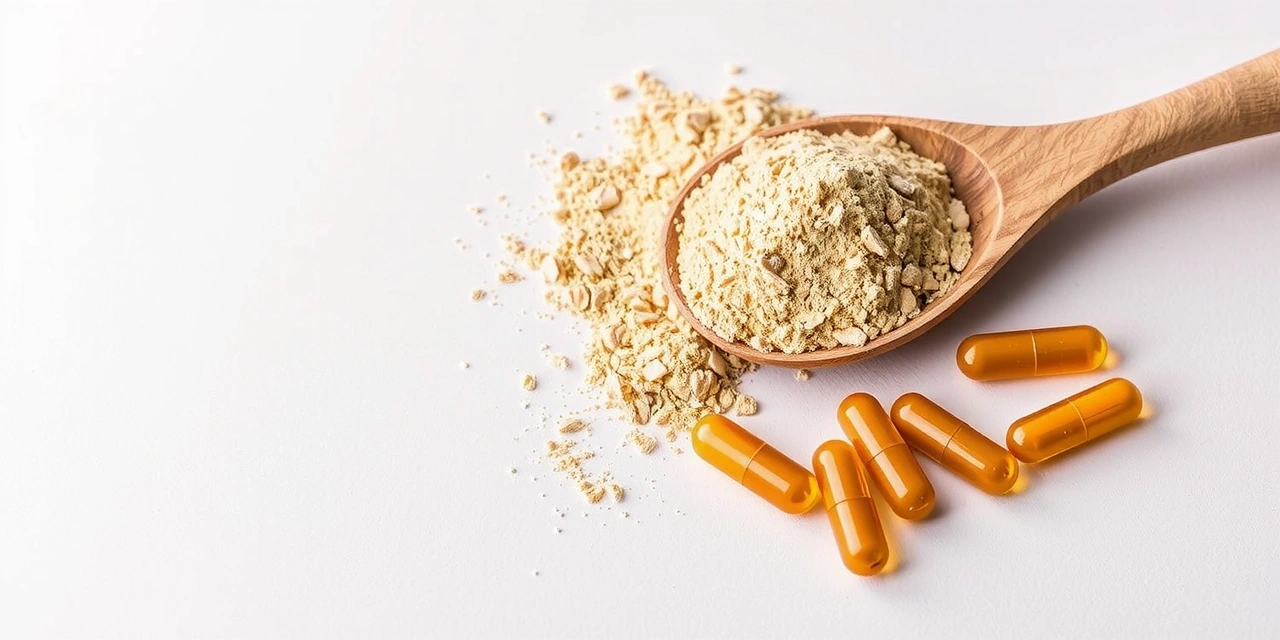 Ashwagandha powder in a spoon with capsules