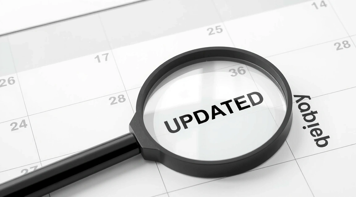 A calendar page showing an updated date, with a magnifying glass hovering over it, symbolizing policy review and updates