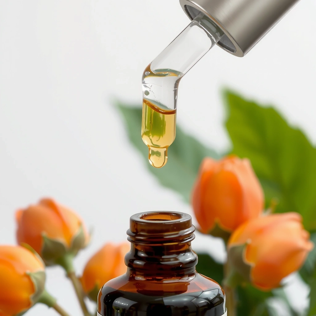 Dropper dispensing a drop of Radiant Rosehip Elixir