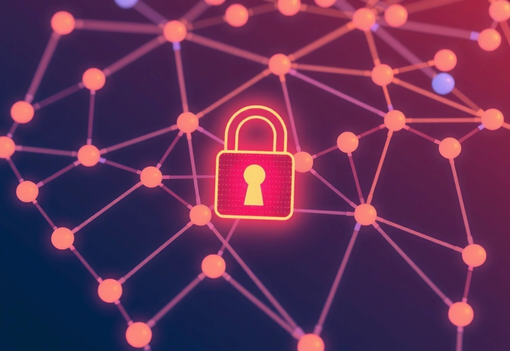 Digital security lock icon over a network, representing data protection and user accounts.